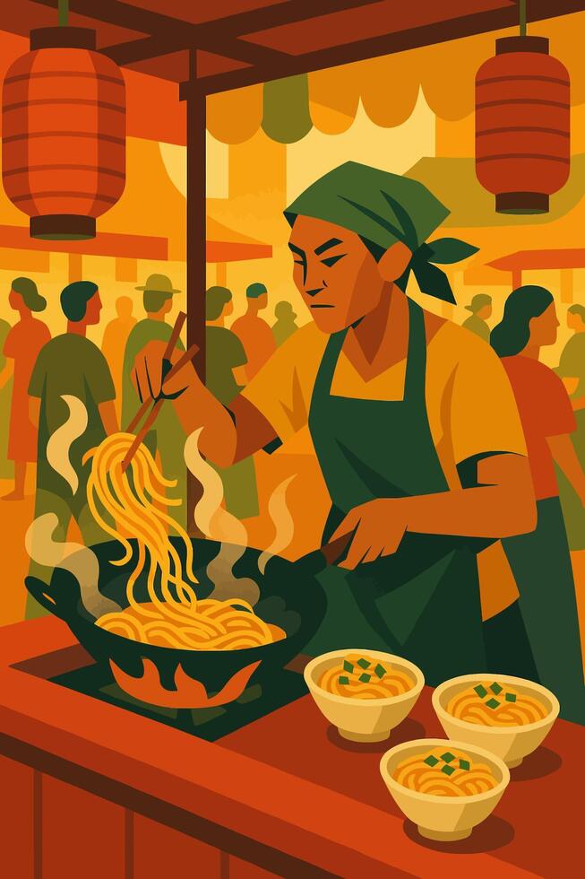 Cooking Noodles at Street Food Stall with Crowd and Lanterns vector