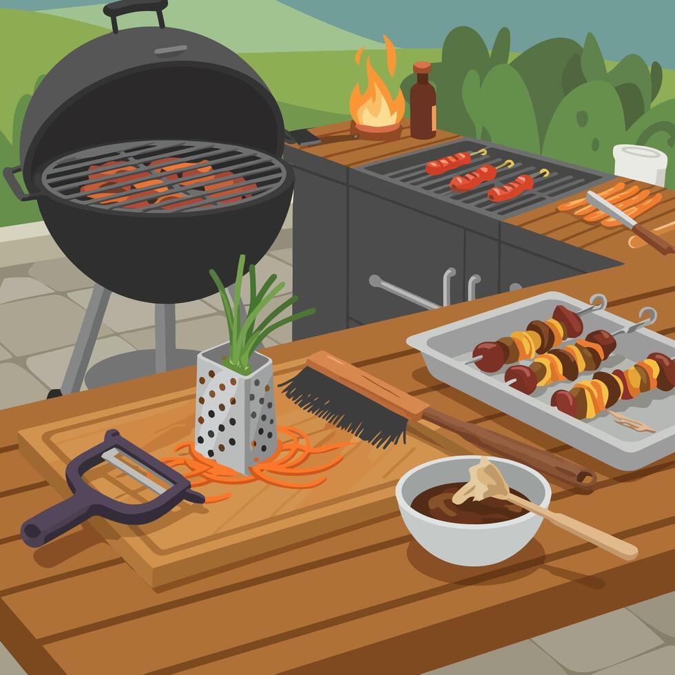 Preparing Grilled Food Outdoors Barbecue Scene with Meat Skewers vector