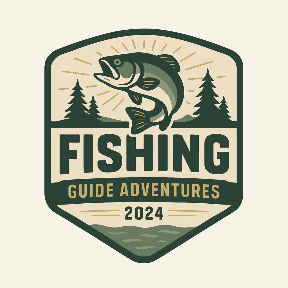 Fishing Adventure Badge with Fish Jumping and Nature Elements Design vector