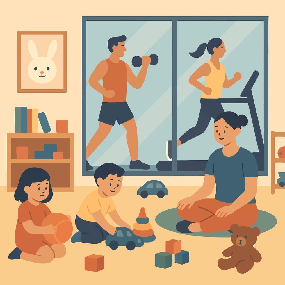 Family Fitness and Play Illustration Children Playing Toys While Parents Exercise vector