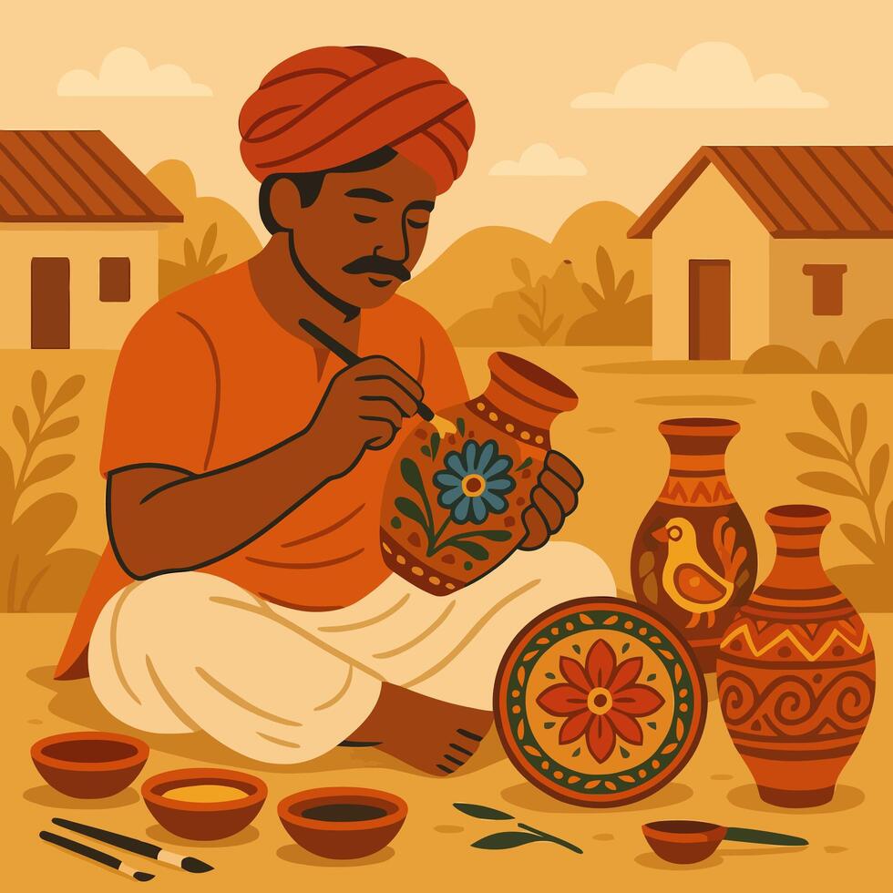 Artisan Painting Clay Pottery in Traditional Village Setting Illustration vector