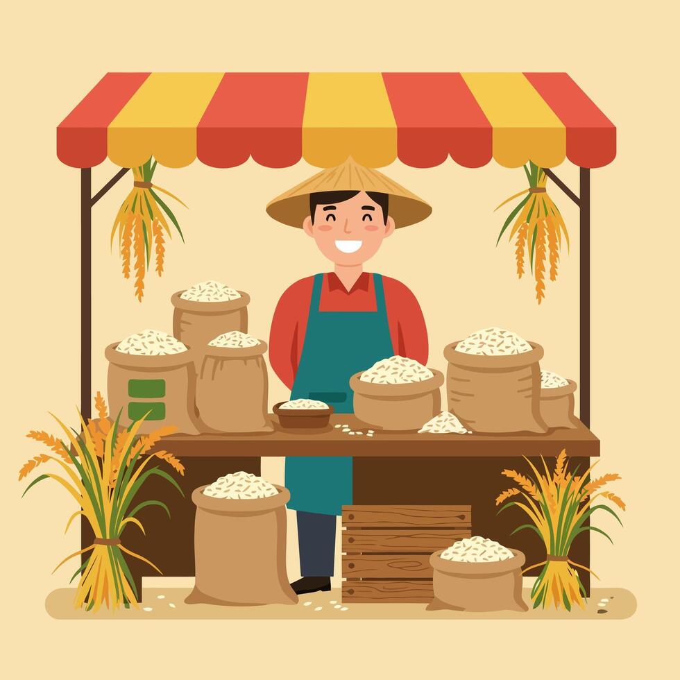Smiling Farmer at Rice Stall Selling Grains and Harvested Stalks vector