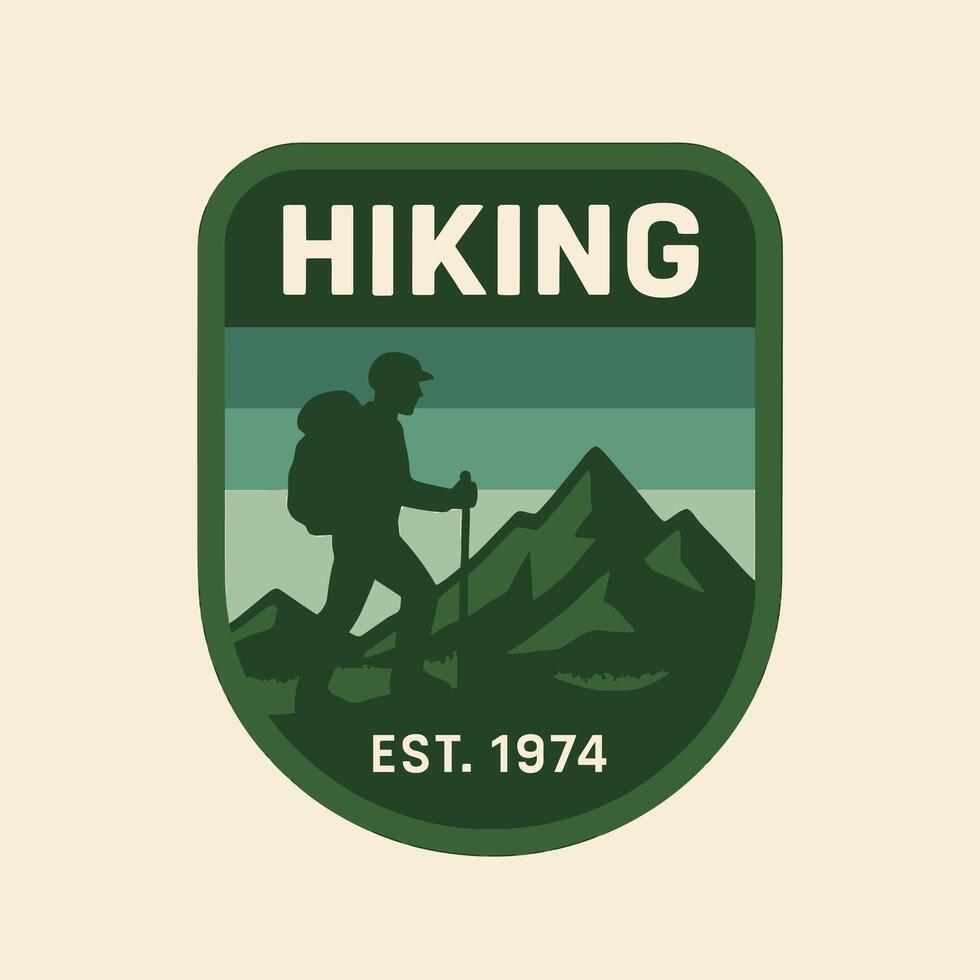 Hiking Badge Illustration with Person Walking Mountains and Established Date vector
