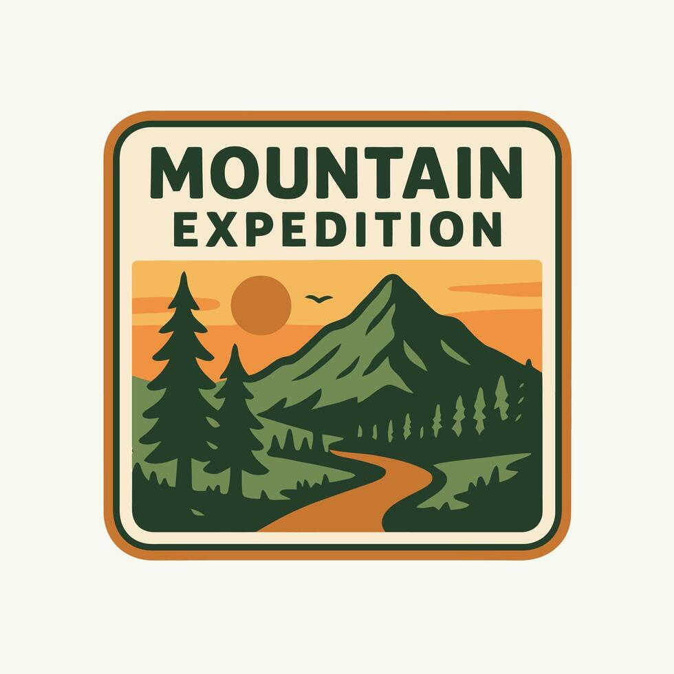 Illustrated Mountain Expedition Landscape with Pine Trees and Sunset vector