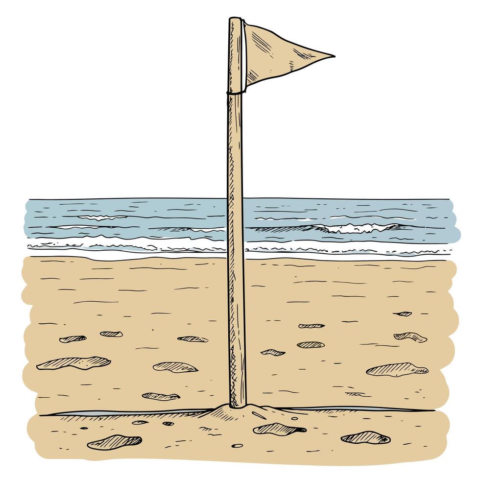 Flag on Beach Sand with Ocean Waves Hand Drawn Illustration vector