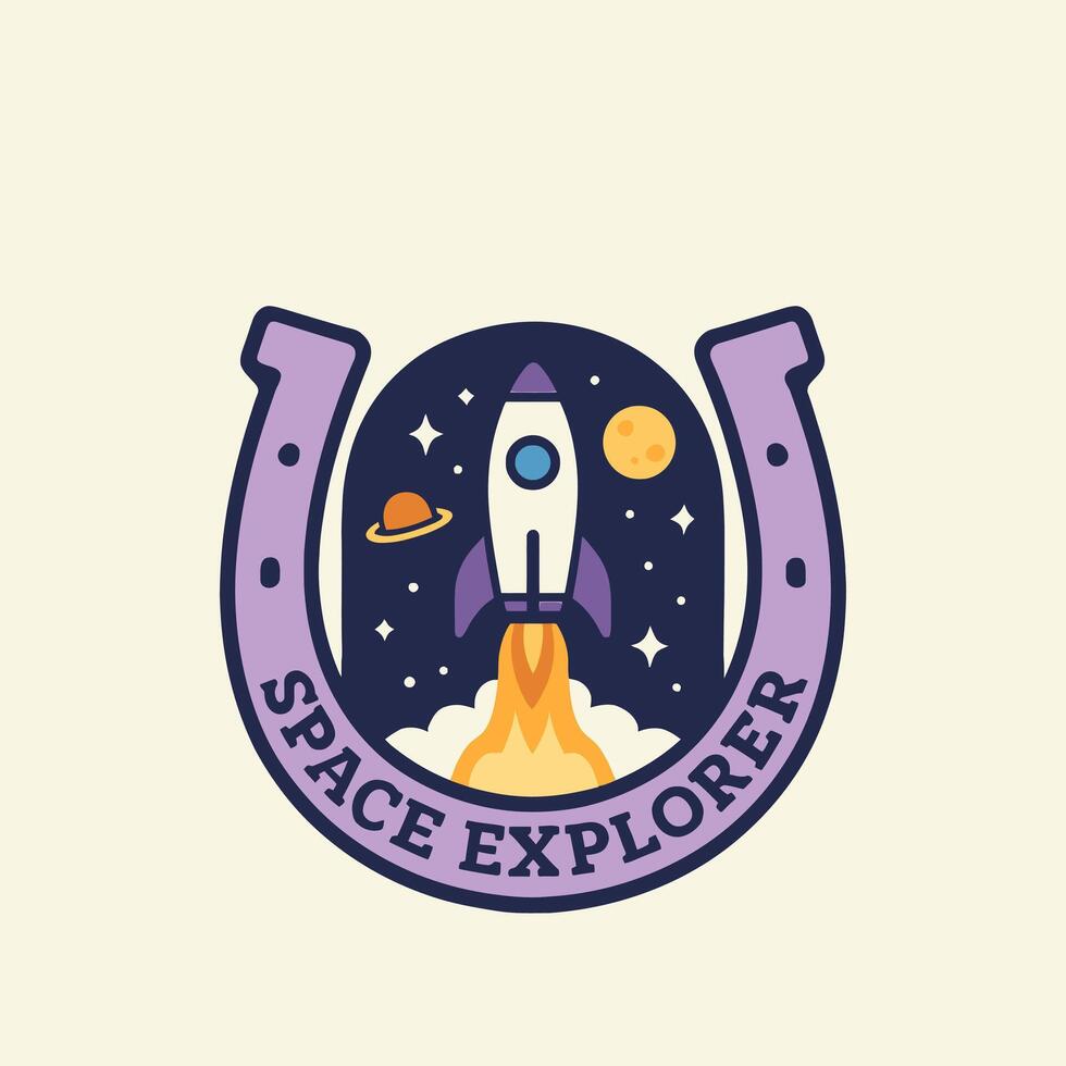 Rocket Launching Into Space Graphic in Horseshoe Frame with Stars vector