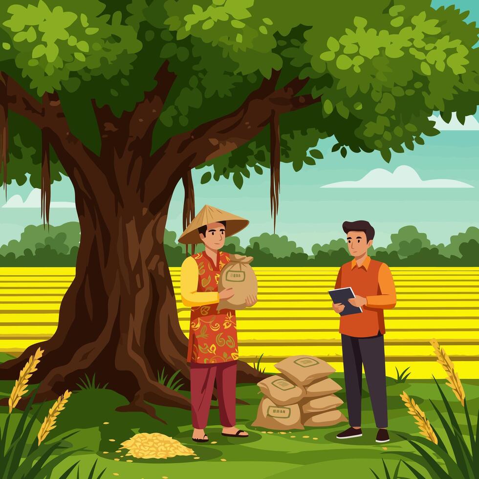 Farmer Harvesting Rice Grain with Supervisor on Farm Field vector