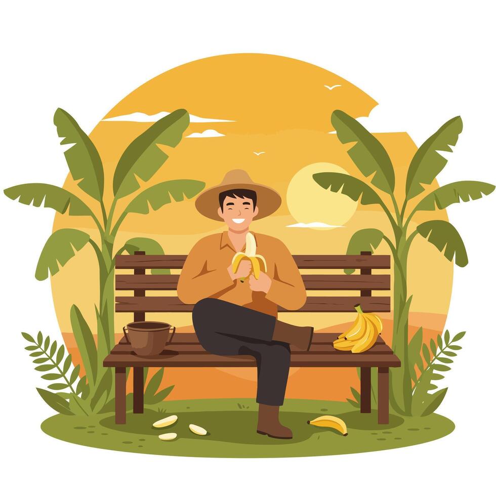 Man Enjoying Banana on Bench in Tropical Landscape Illustration vector
