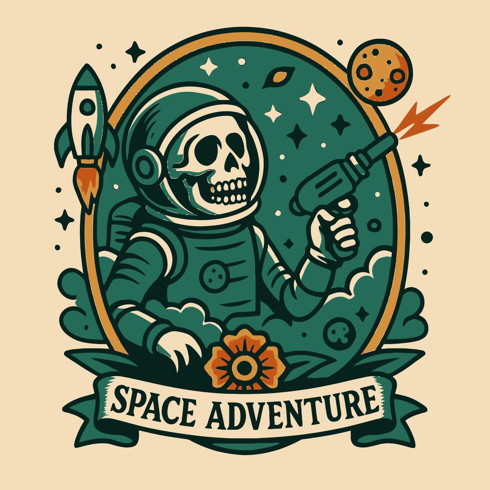 Astronaut Skeleton Shooting Ray Gun in Space Adventure Illustration vector