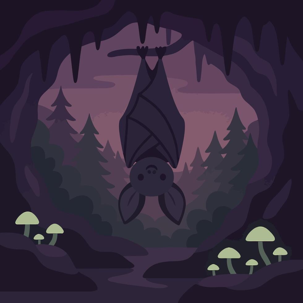 Bat Hanging Upside Down in a Dark Cave with Glowing Mushrooms vector