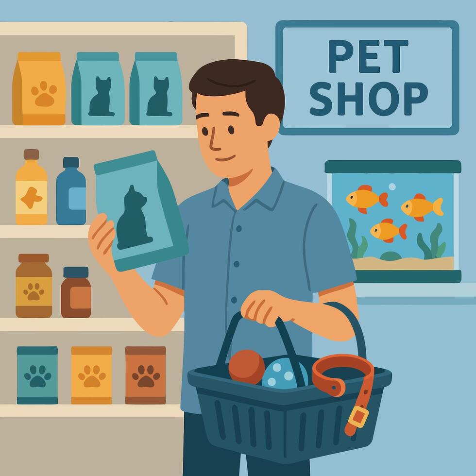 Man Shopping for Cat Food at the Pet Supply Store vector