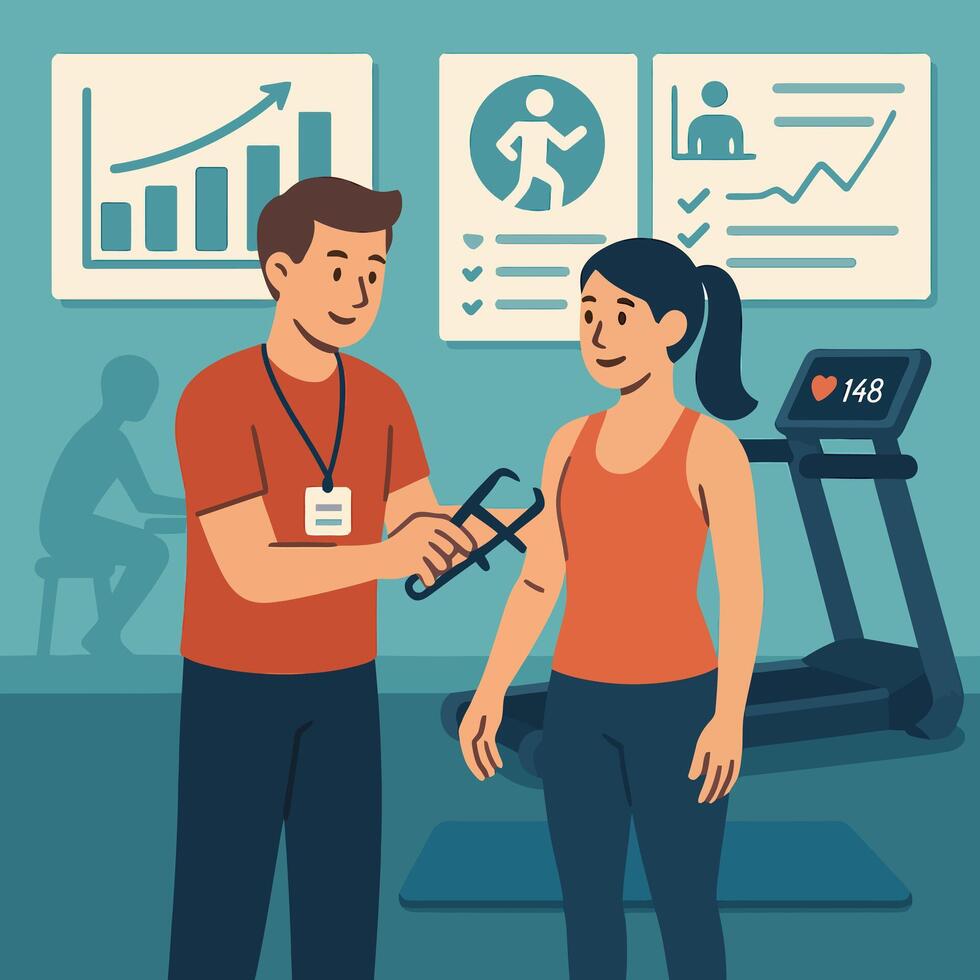 Trainer Measuring Body Fat of Woman at Gym Using Caliper vector