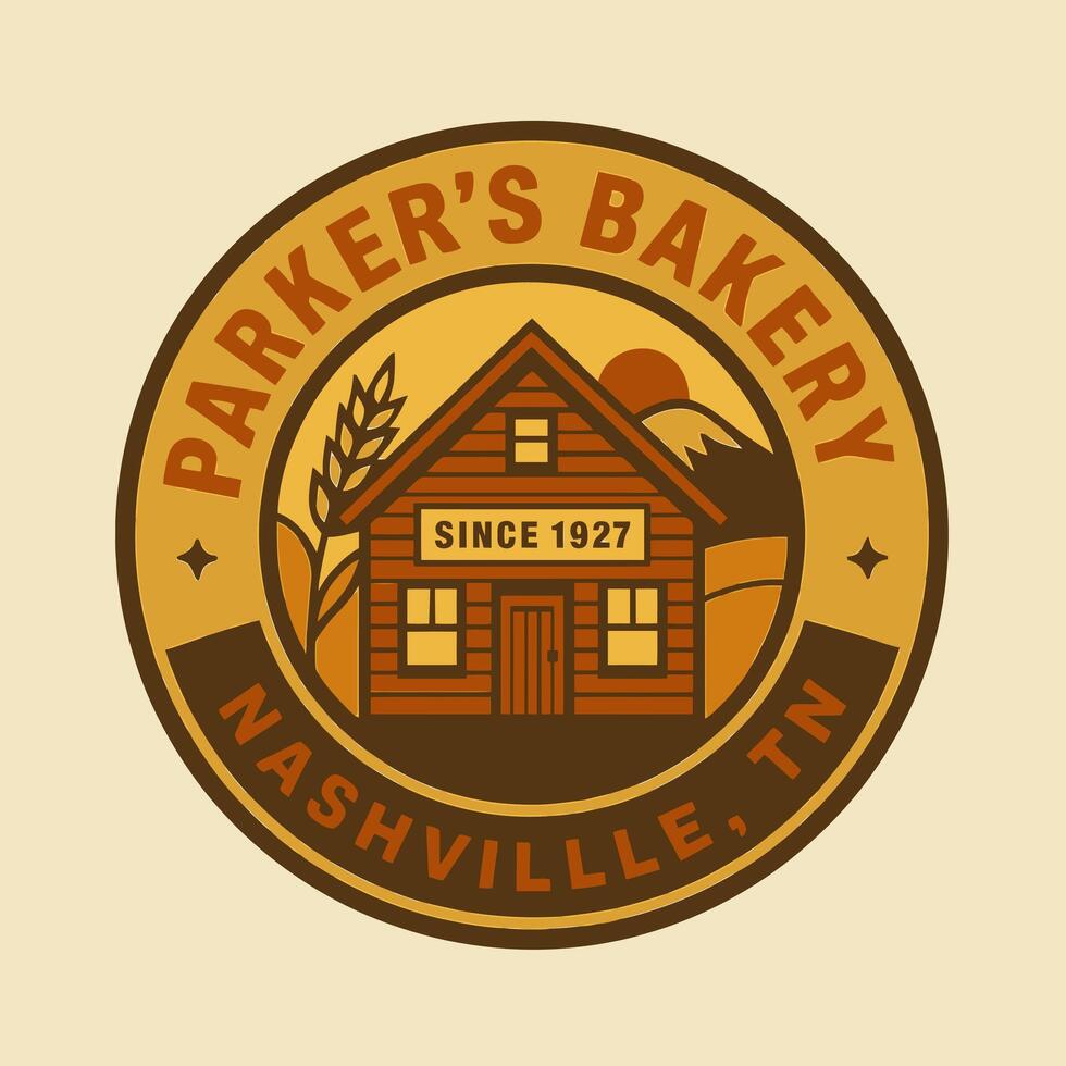 Rustic Cabin Illustration with Wheat and Mountain in a Circle Graphic vector