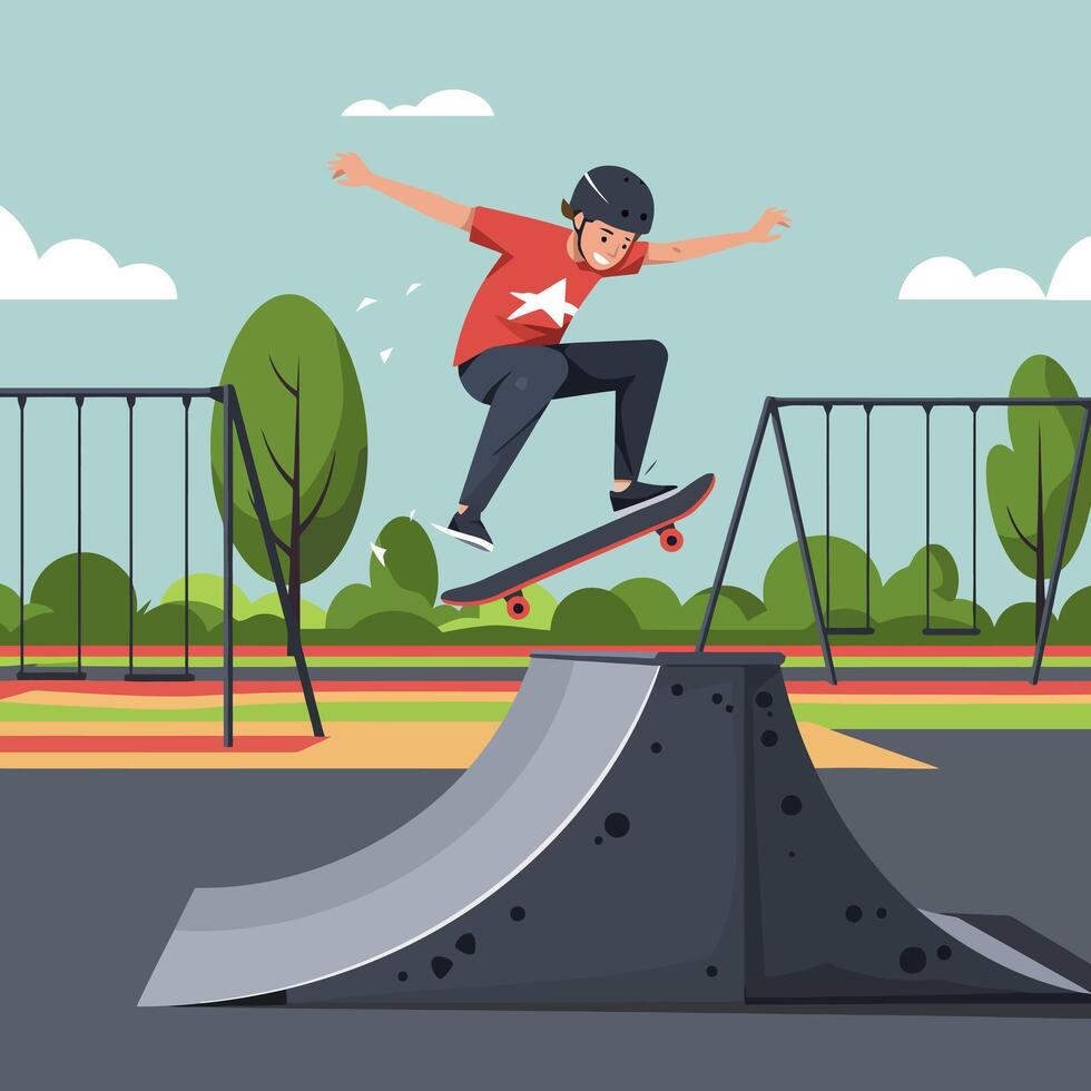Boy Skateboarding Jumping High at Skate Park Ramp with Helmet vector