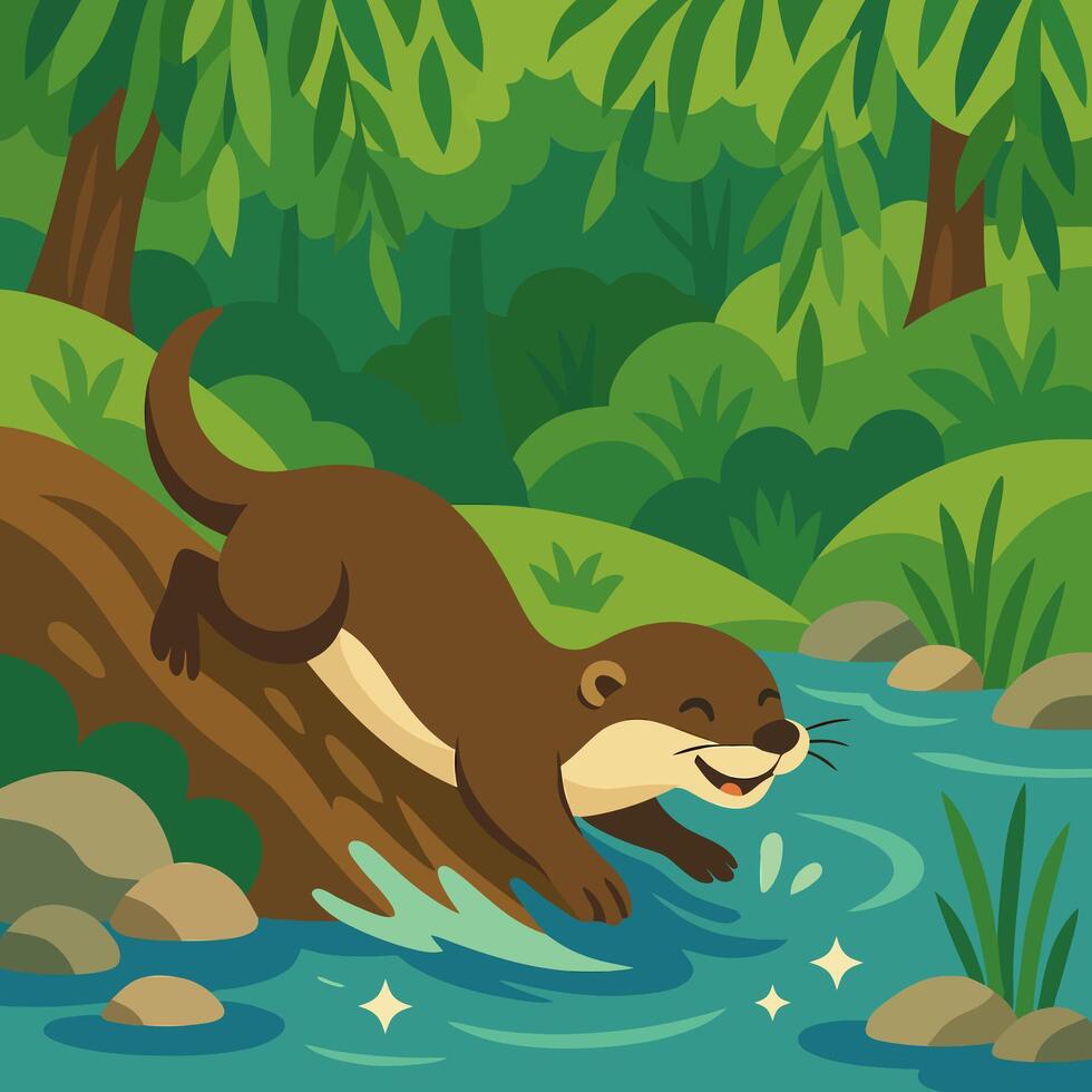 Otter Diving Into River Cartoon Illustration in Lush Green Forest vector