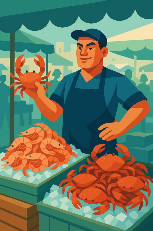 Vendor Holding Crab at Seafood Market with Shrimp and Crowd vector