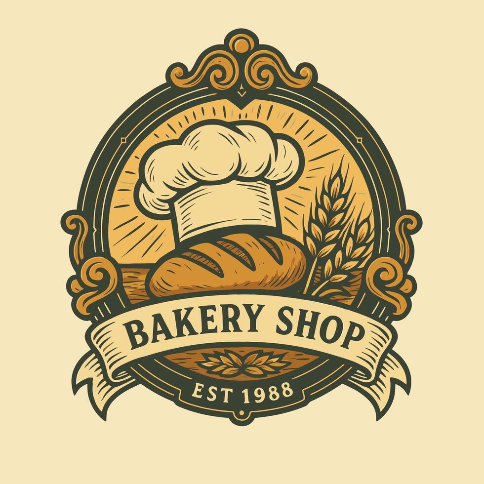 Artistic Bakery Shop Logo Featuring Bread Chef Hat vector