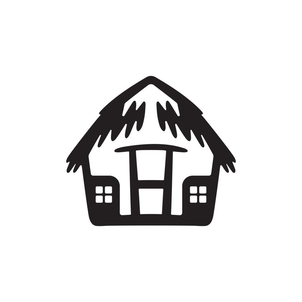 Rural straw hut in silhouette on white background vector