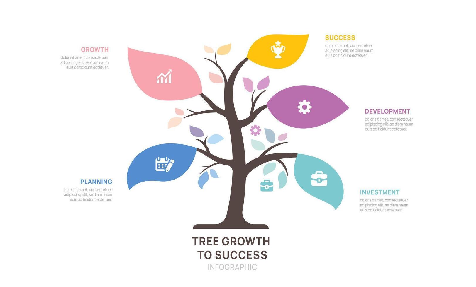 Tree of Success business infographic growth strategy 5 steps, timeline template. vector
