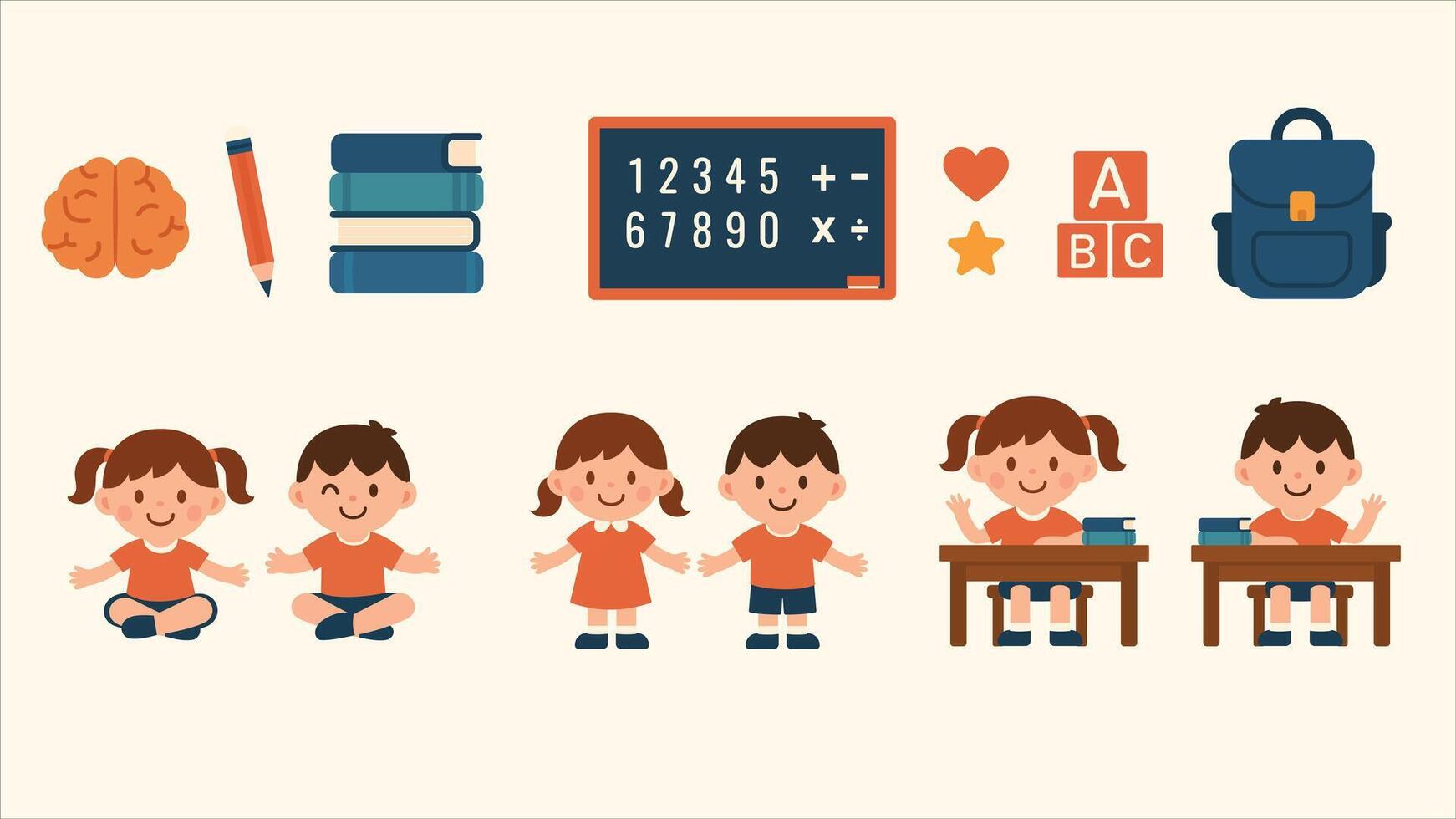 Set of school kids, kindergarten, learning tools, and educational elements in a fun cartoon style, perfect for educational content vector
