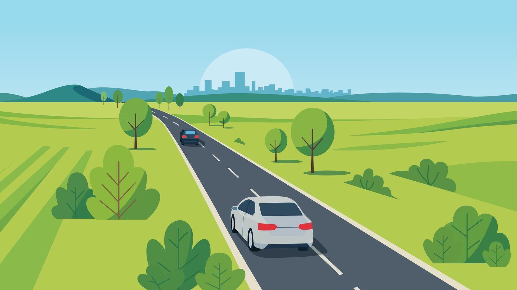 Countryside road leading to a distant city, with cars driving through green fields, rolling hills, and stylized trees under a clear blue sky. vector