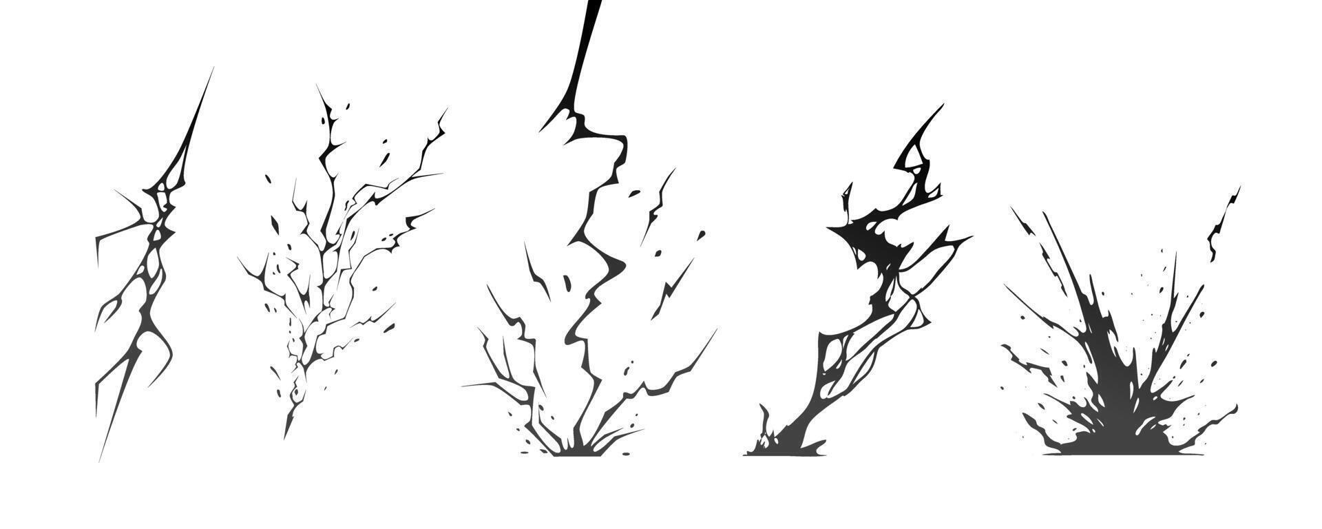 Lightning strike bolt silhouettes sequence black illustration set. vector
