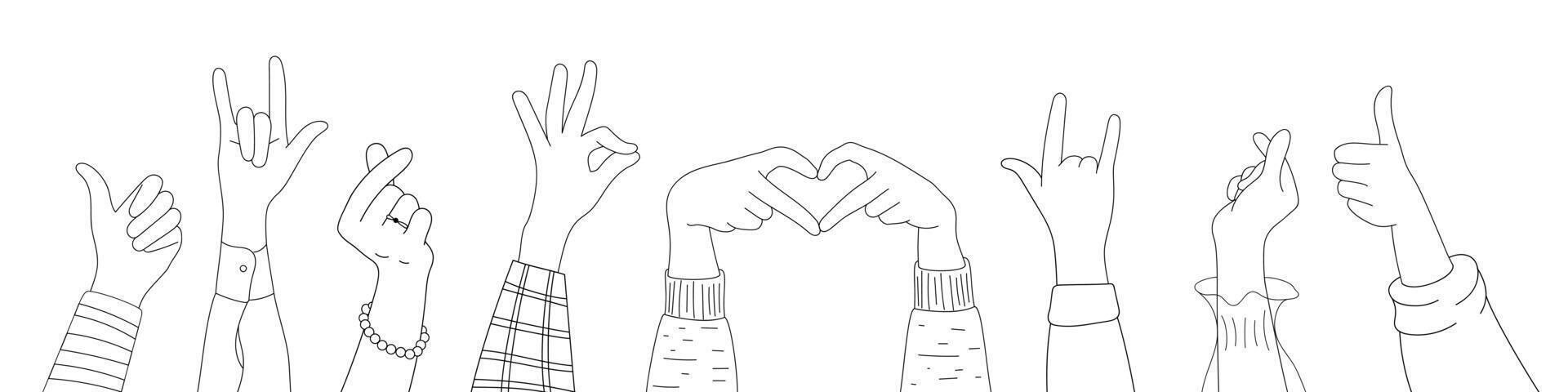 Doodle sketch hands up courage gestures comic icons silhouettes set. vector