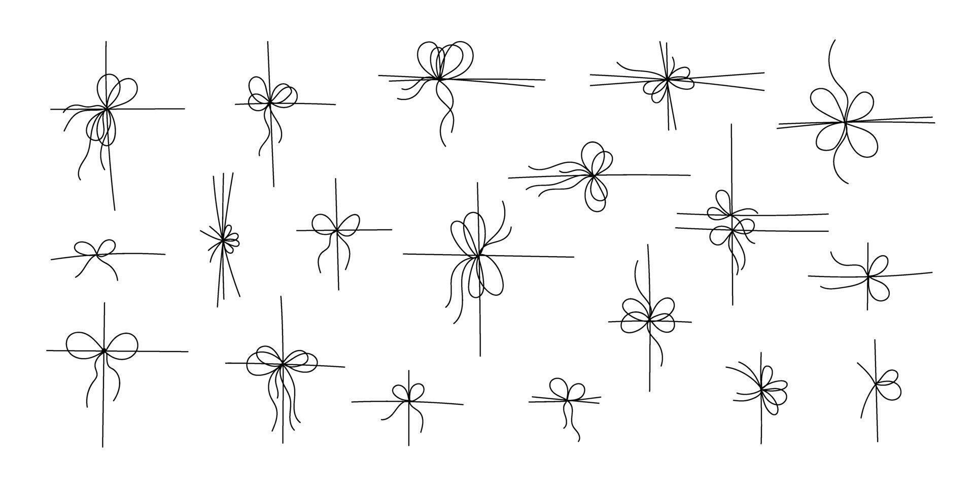 Black cross line style gift ribbon bows set isolated on white background. vector