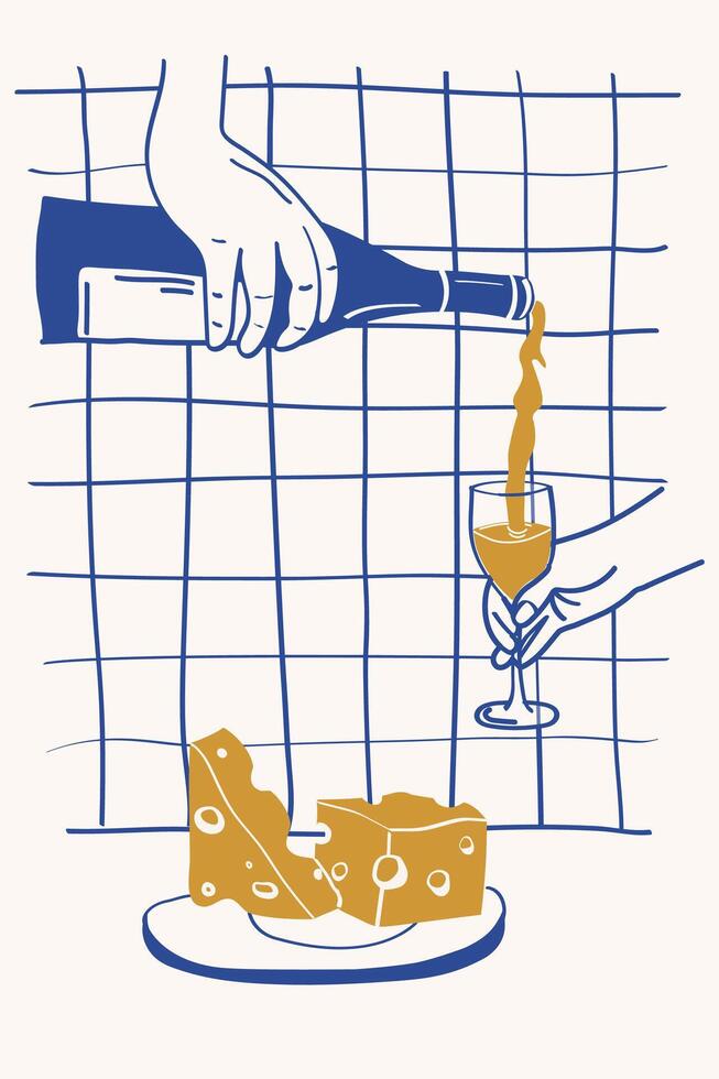 Hand drawn sketch of wine and cheese pairing served on a plate. Vintage poster, card, invitation. Festive mood and party. vector