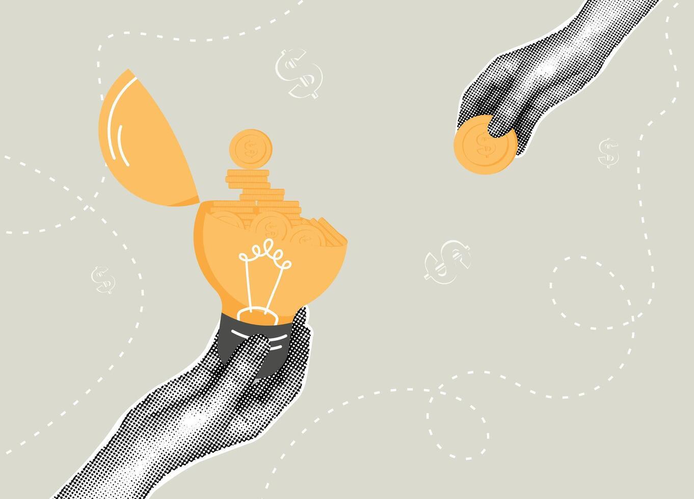 Trendy halftone collage. Investing in innovative ideas and financial growth. Concept of financial knowledge, savings,investing in idea. illustration vector