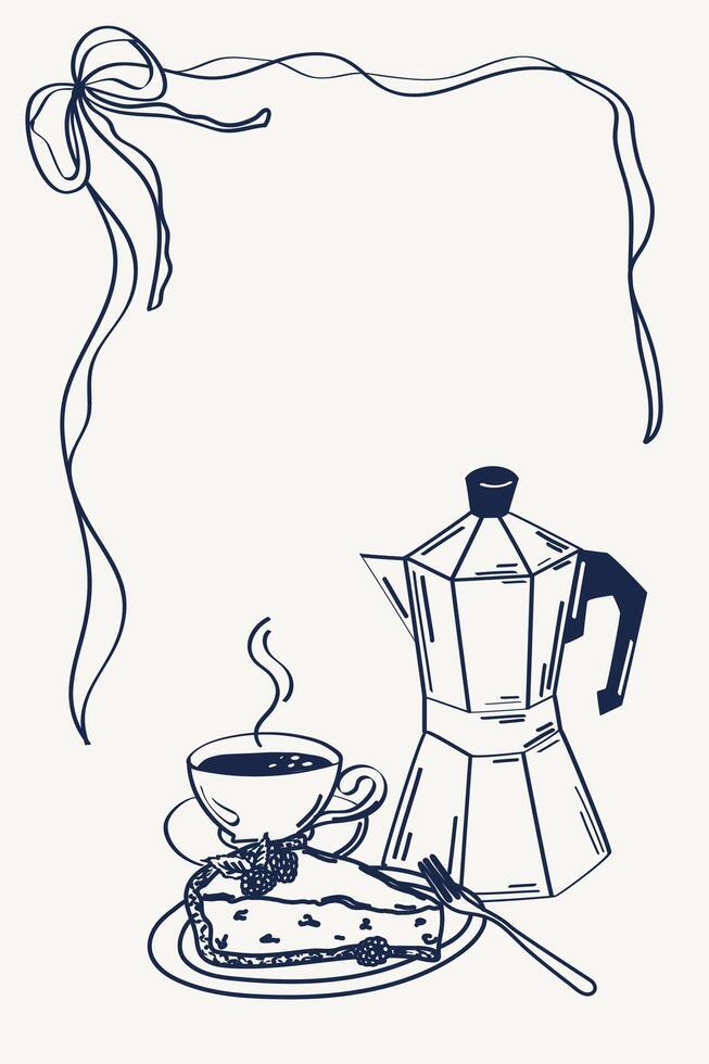 Hand drawn ventage illustration in pencil sketch style with coffee, cake and decorated with elegant frame with ribbon bow.Line art vector