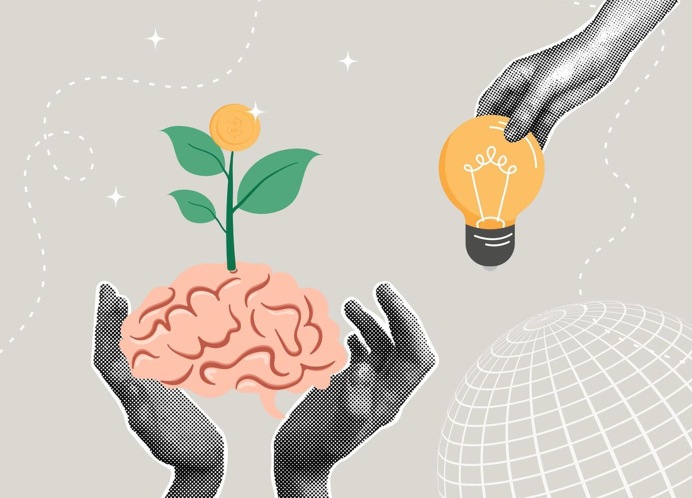 Trendy halftone collage. Investing in ideas and brains for business growth and future success. Investment brain concept, profit growth concept, financial knowledge, prosperity concept vector