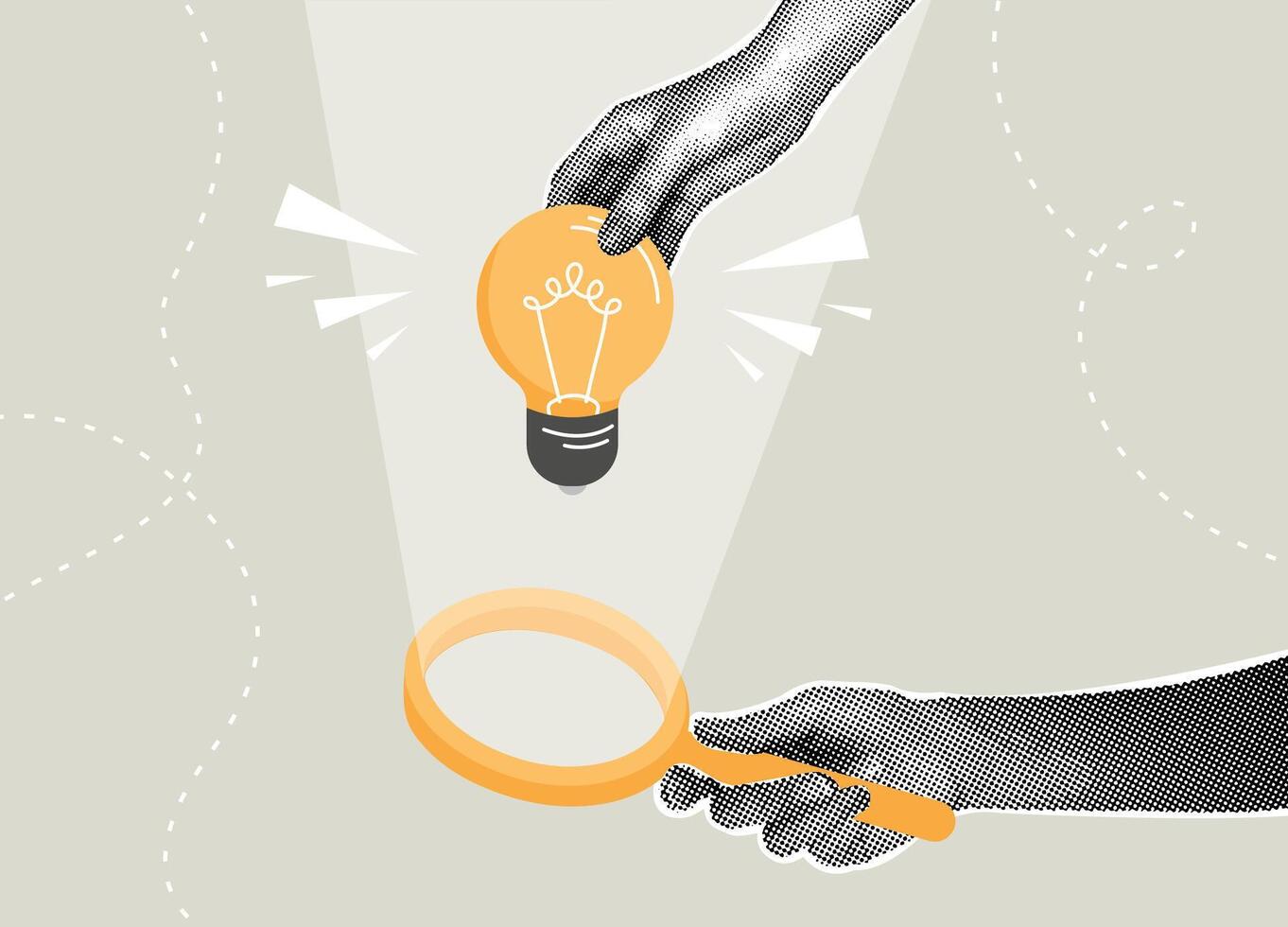 Trendy halftone collage. Idea and Analysis. Concept open business perspectives , advantages over competitors , intellectual information. illustration vector