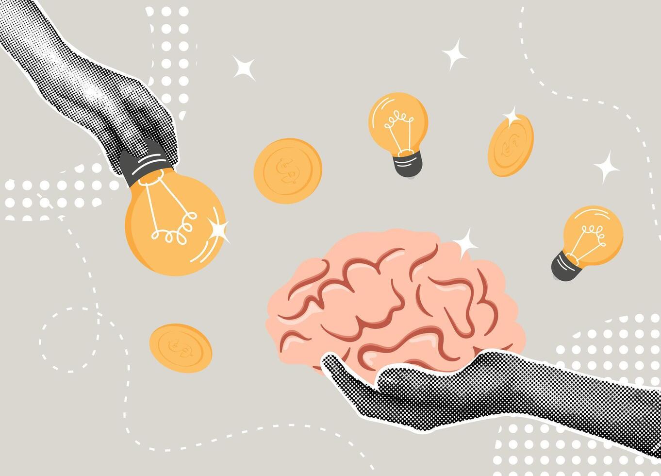 Trendy halftone collage. Investing in ideas. Brain, light bulb and coin. Concept idea to make money,profiting from a new idea,investing strategies. illustration vector