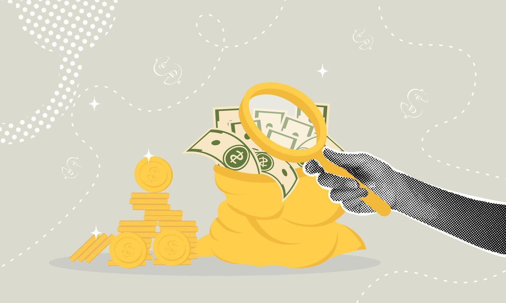 Trendy halftone collage. A study of finance. Money under the magnifying glass. Concept of analysis, looking under magnifying glass of savings, taxes, financial knowledge, examination of assets vector