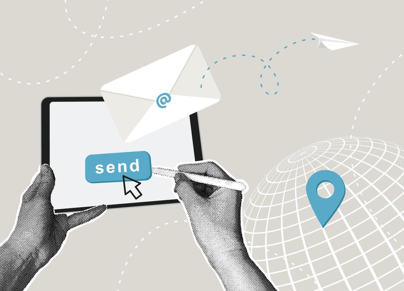 Trendy halftone collage. Sending e-mail. Digital communication concept. Communication concept by email, phone or office location, customer communication, business information. illustration vector