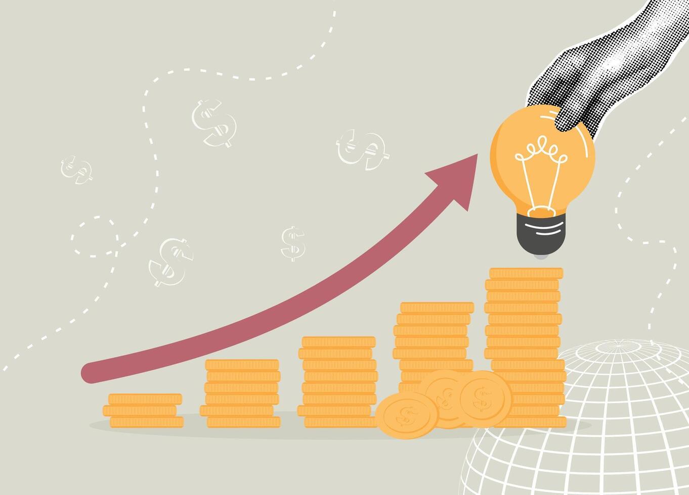 Trendy halftone collage. Growing investment idea with growing arrow. Rushing investment concept, financial success, stock market returns. illustration vector