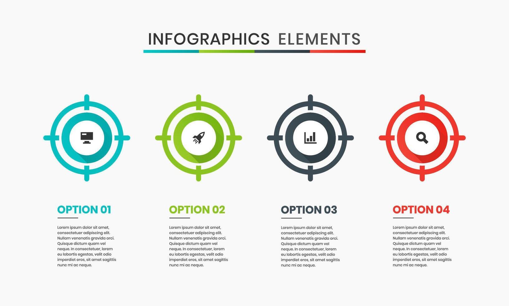 Target Infographic Element Design Templates with Icon and 4 Options. Can be used for Process Diagram, Presentations, Workflow Layout, Banner vector