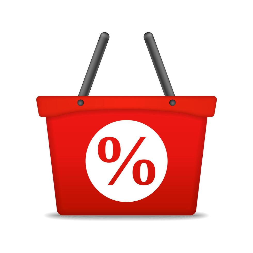 Red shopping basket with percent sign on white background vector