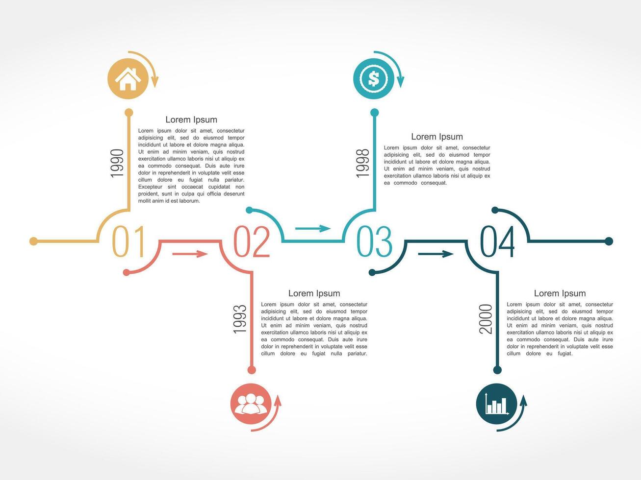 Timeline infographic design template with numbers, icons, dates and text vector