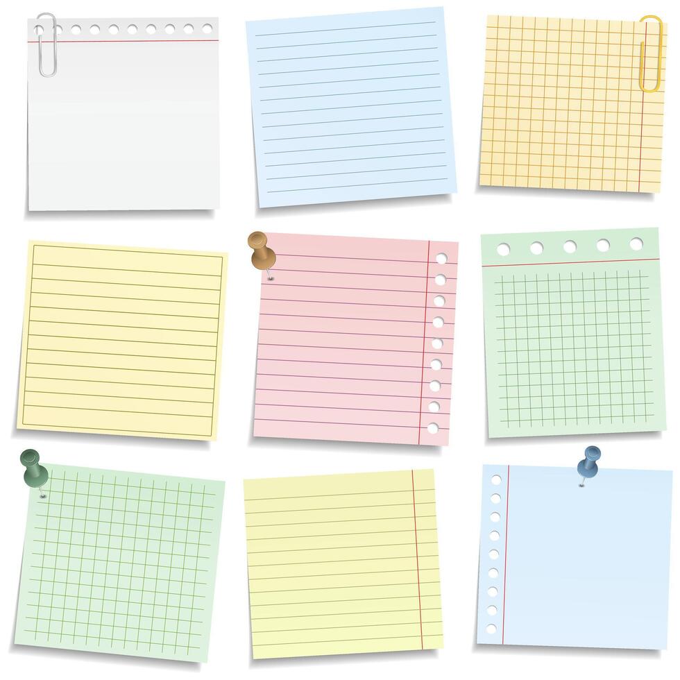 Colored notebook paper with push pins and clips vector
