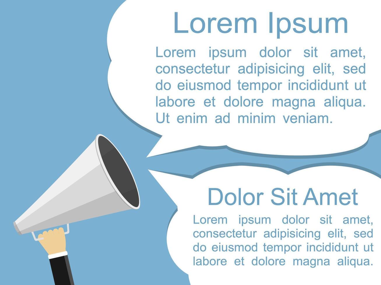 Hand holding megaphone and two speech bubbles for your text, flat design vector