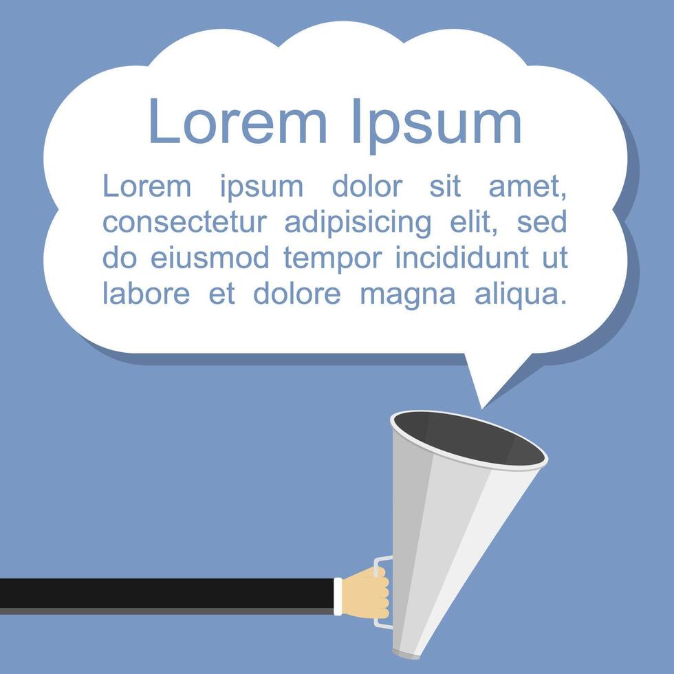 Hand holding megaphone and white speech bubble for your text, flat design vector