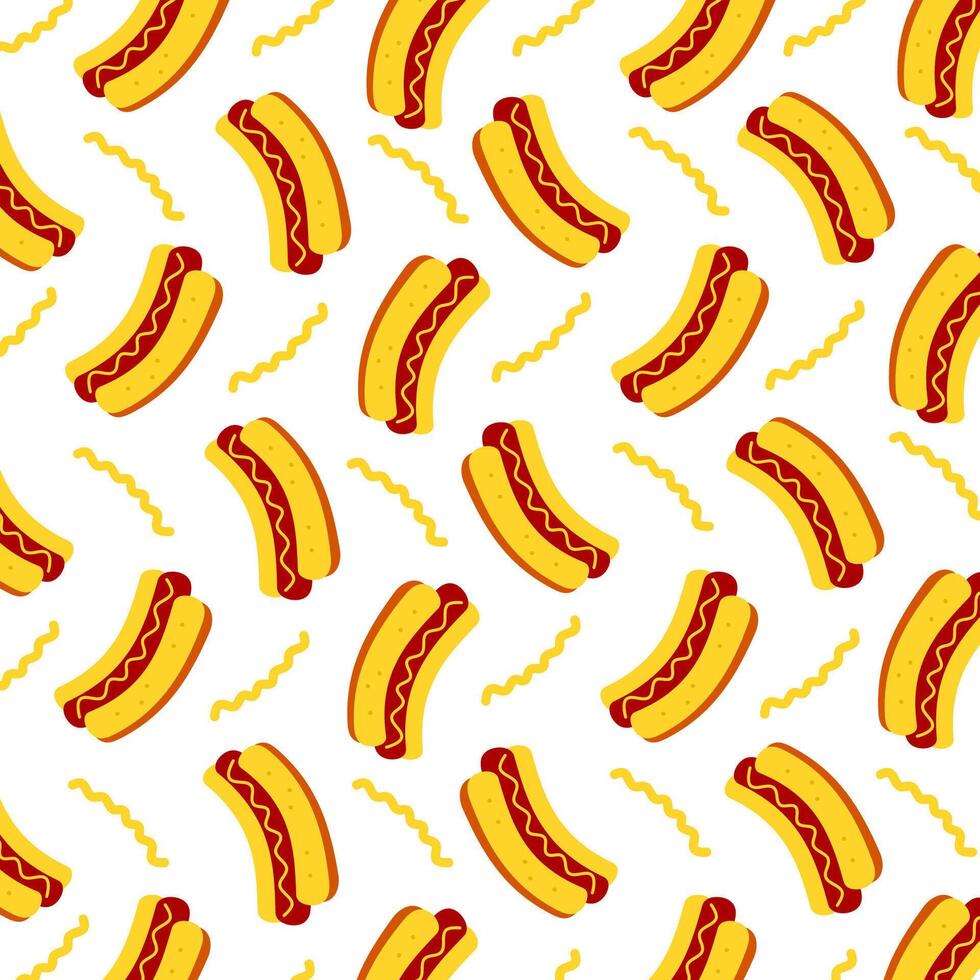 Hot dog pattern with mustard stripes on white background, fast food illustration for packaging, textile and menu design vector