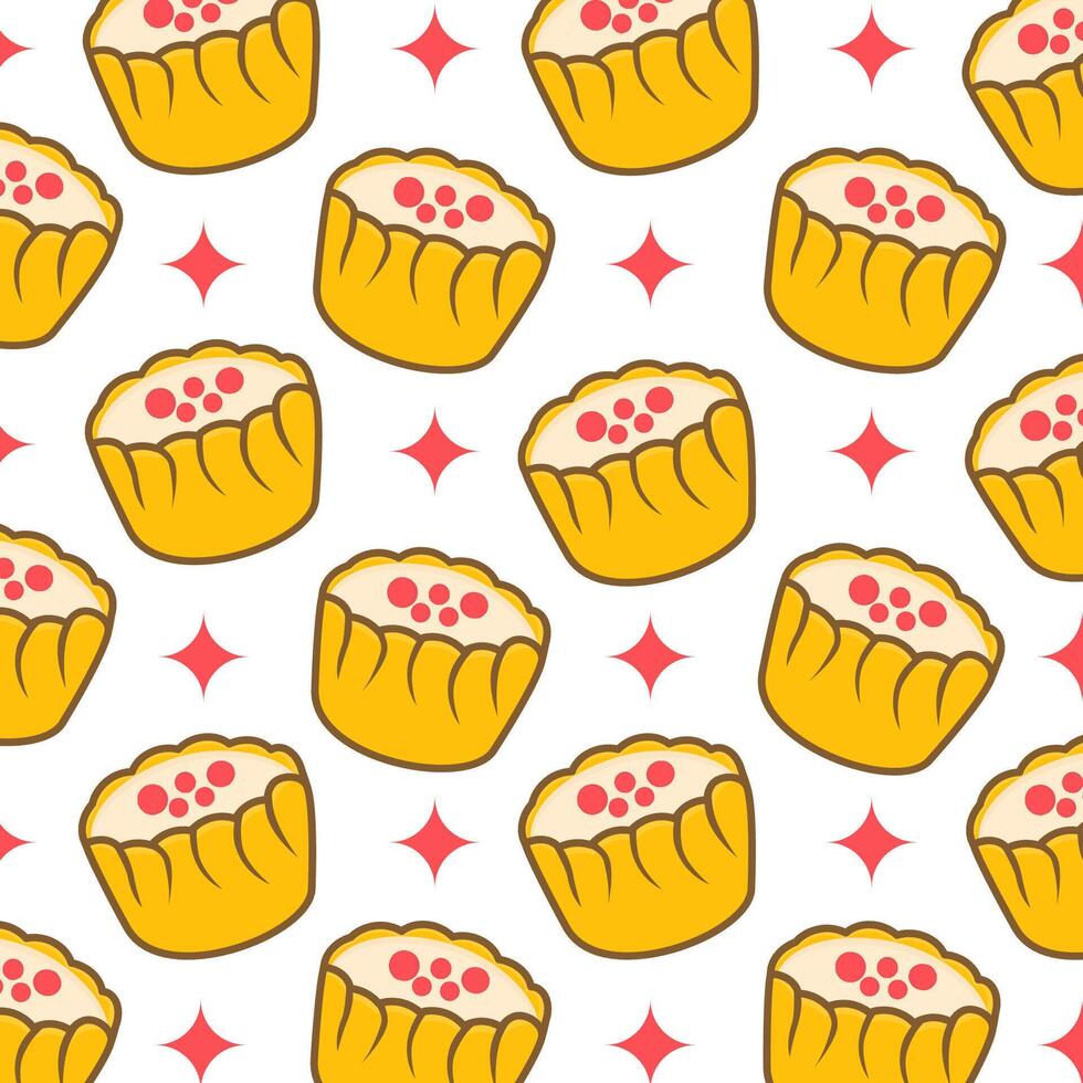 Repeat pattern of kawaii Chinese dim sum with decorative stars, perfect for cute food-themed packaging, textile prints, and digital backgrounds vector