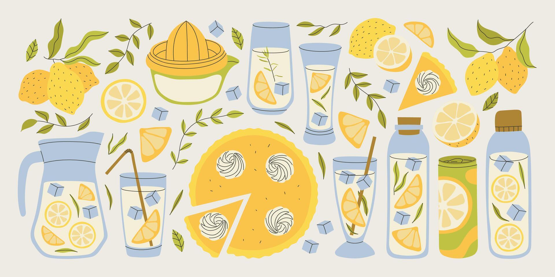 Lemonade in jar, mint cocktails cartoon set. Pitcher drinks with straw, lemon slice. illustration set of lemonade, cocktails, mocktails with various flavors for parties, summer drinks vector