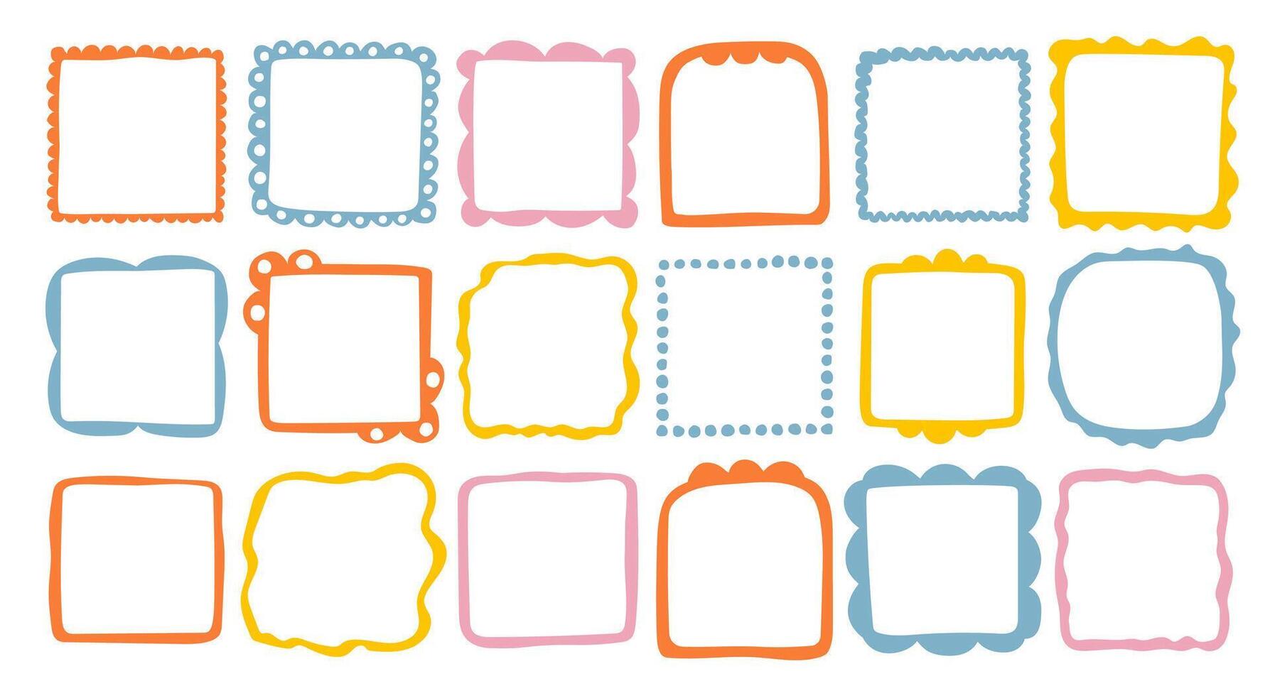 Doodle wave curve edge frame. Hand drawn wavy rectangle borders. Doodle brush drawn square and circle picture frame. illustration isolated on white background. vector
