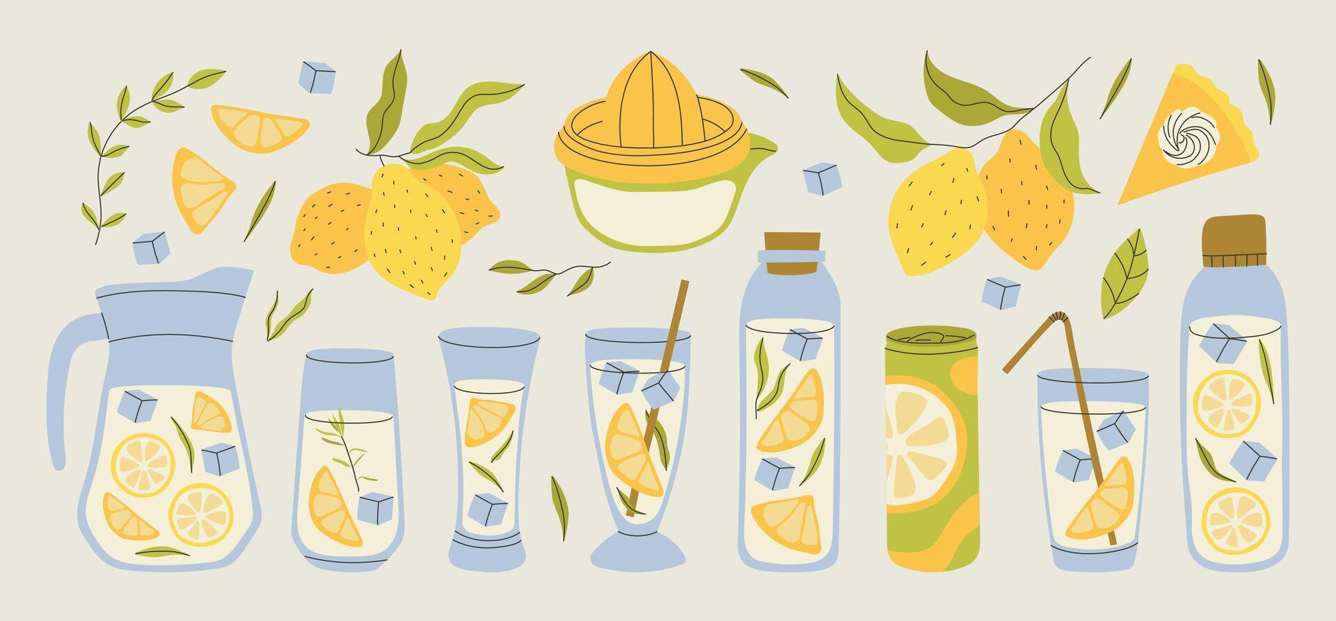 Summer refreshing lemonade in a jug and various glasses with lemon slices, ice and a straw. Citrus drink and ingredients for making homemade lemonade. Lemons and leaves for menu design. vector