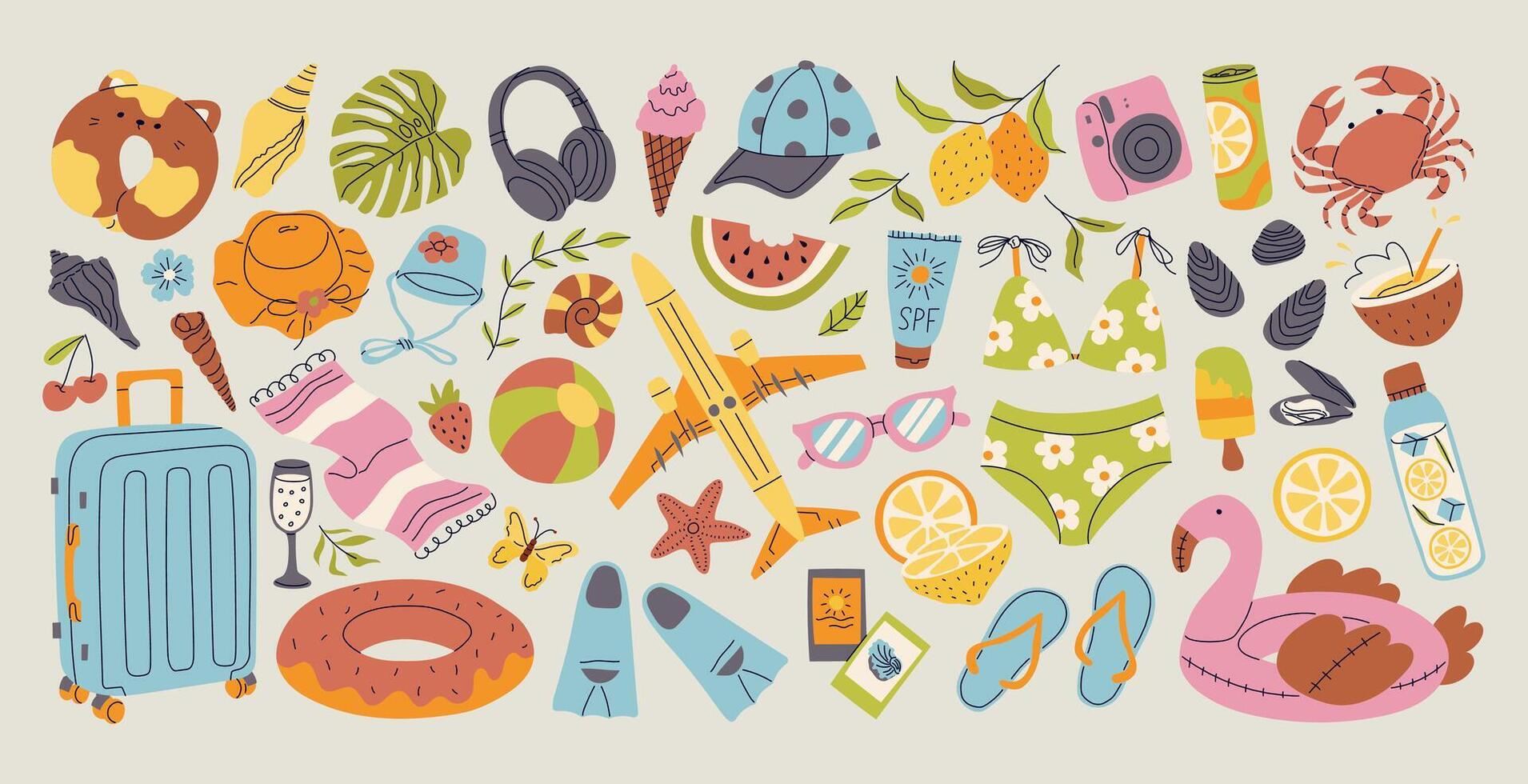 Big set of Summer sticker. Icons, signs, banners. Bright summertime poster. Collection elements for summer holiday and scrapbooking elements for beach party. vector