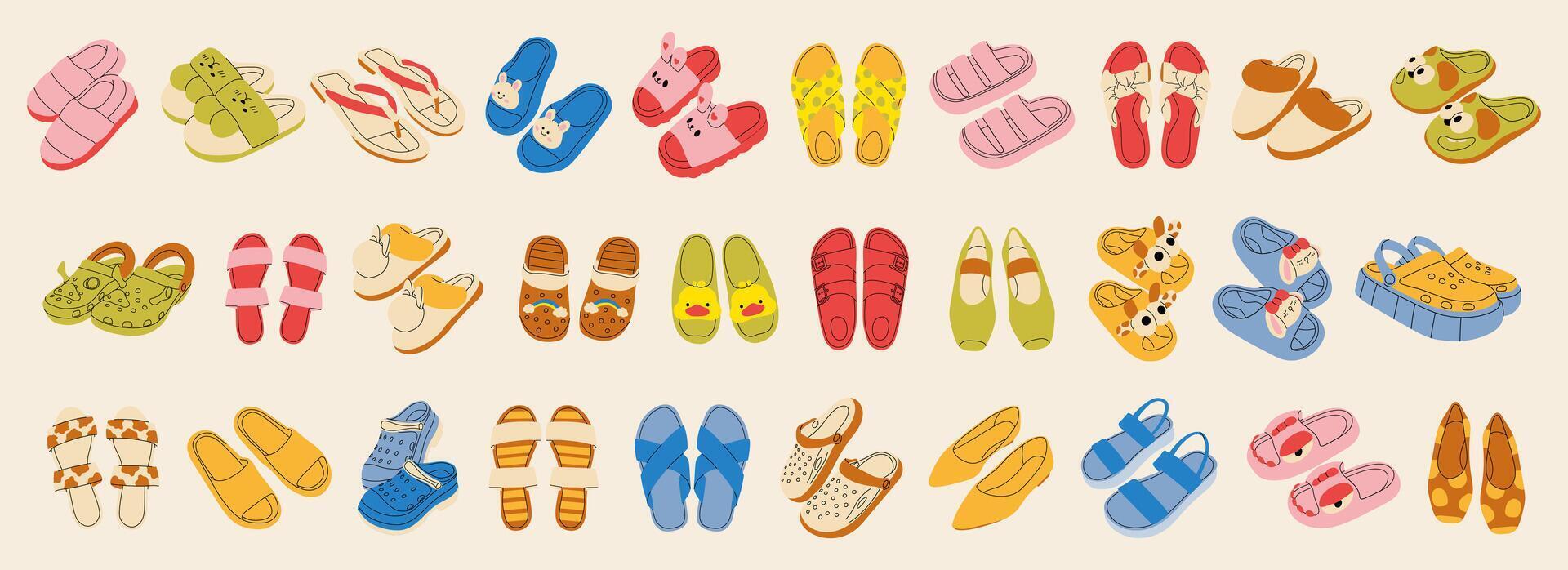 Big set female summer shoes. Sandals, mules, ballet flats, flip-flops. Stylish modern design. Flat hand drawn colorful illustration isolated on white background. vector